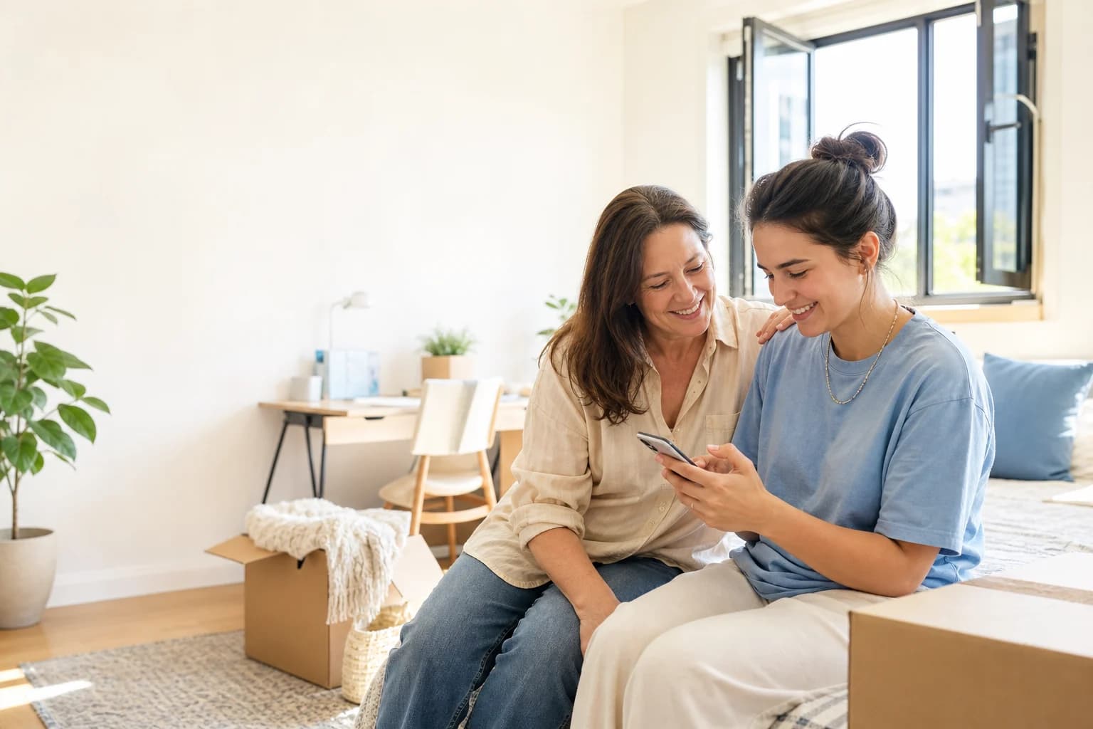 A parent and college-age daughter smiling together over a phone in a bright apartment